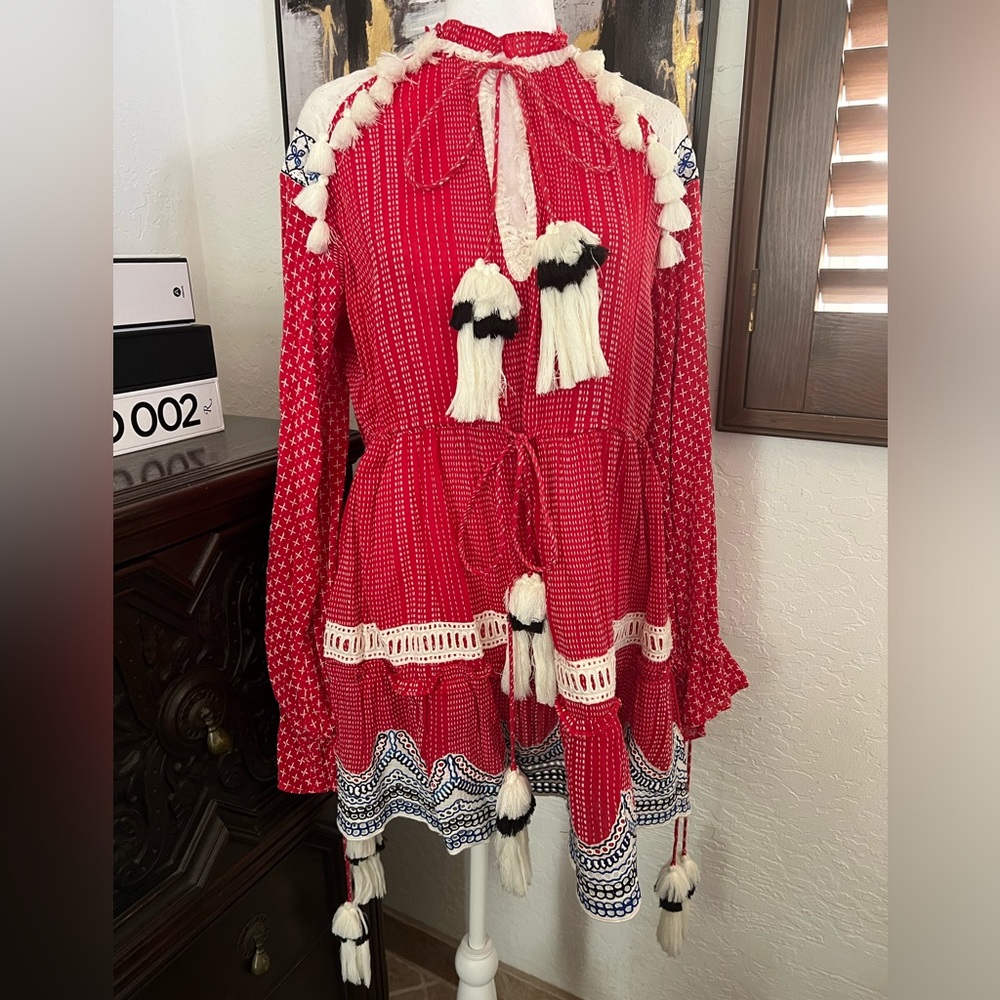 HEMANT & NANDITA Red Embroidered Tassel Long-Sleeve Mini Dress - Picture 2 of 2